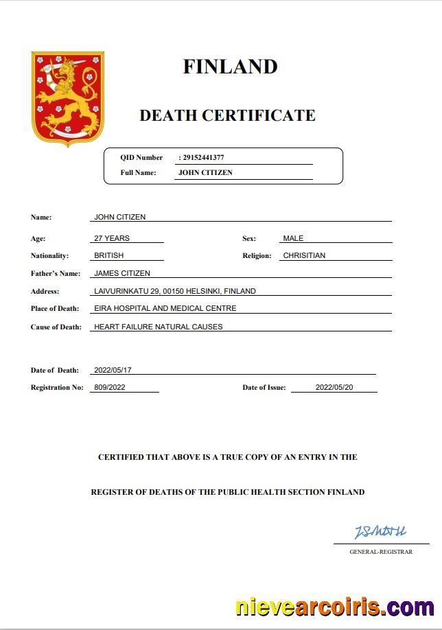 Finland death certificate